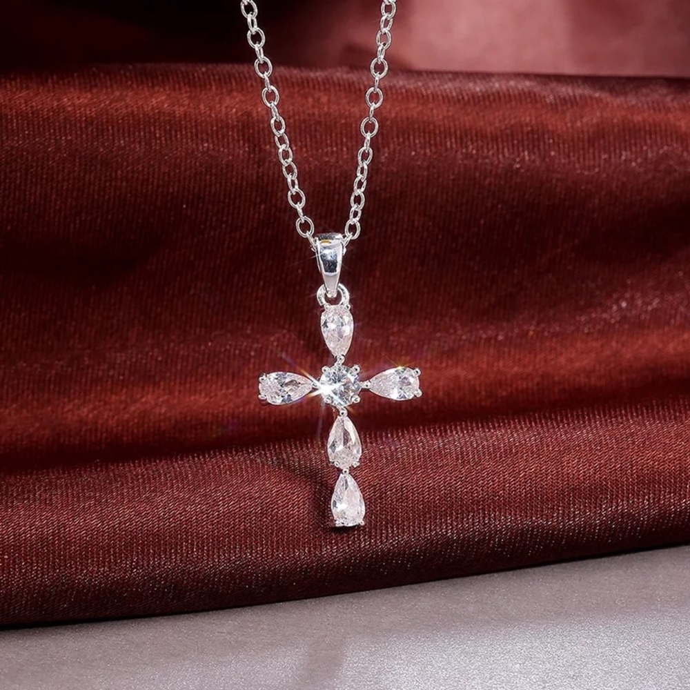 New Silver Cross Crystal Stone Necklace